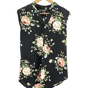 Amaryllis Womens S‎ Black Floral Sleeveless Blouse Soft V-Neck Romantic Everyday